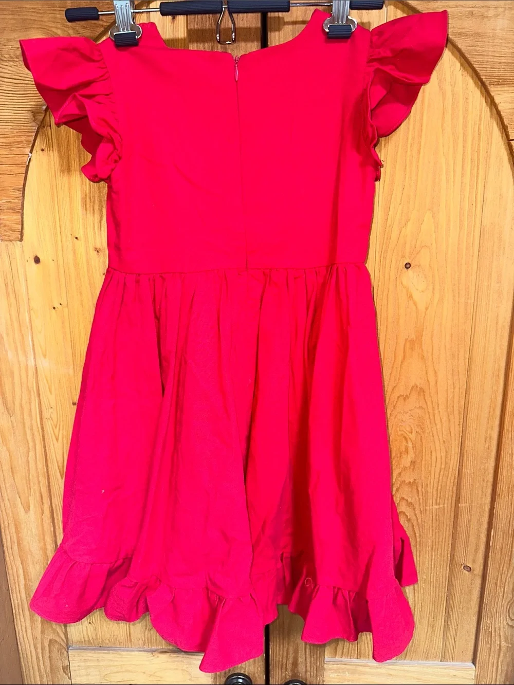 Girls' Bright Red Ruffle-Sleeve Lace-Front Dress